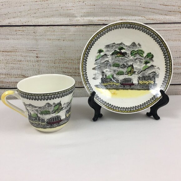 VTG Railway Portland Pottery England Demitasse Cup & Saucer Trains - Picture 1 of 9